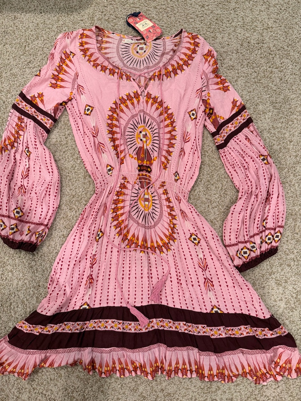Chelsea & Violet Pink Printed Long Sleeve Boho Dress